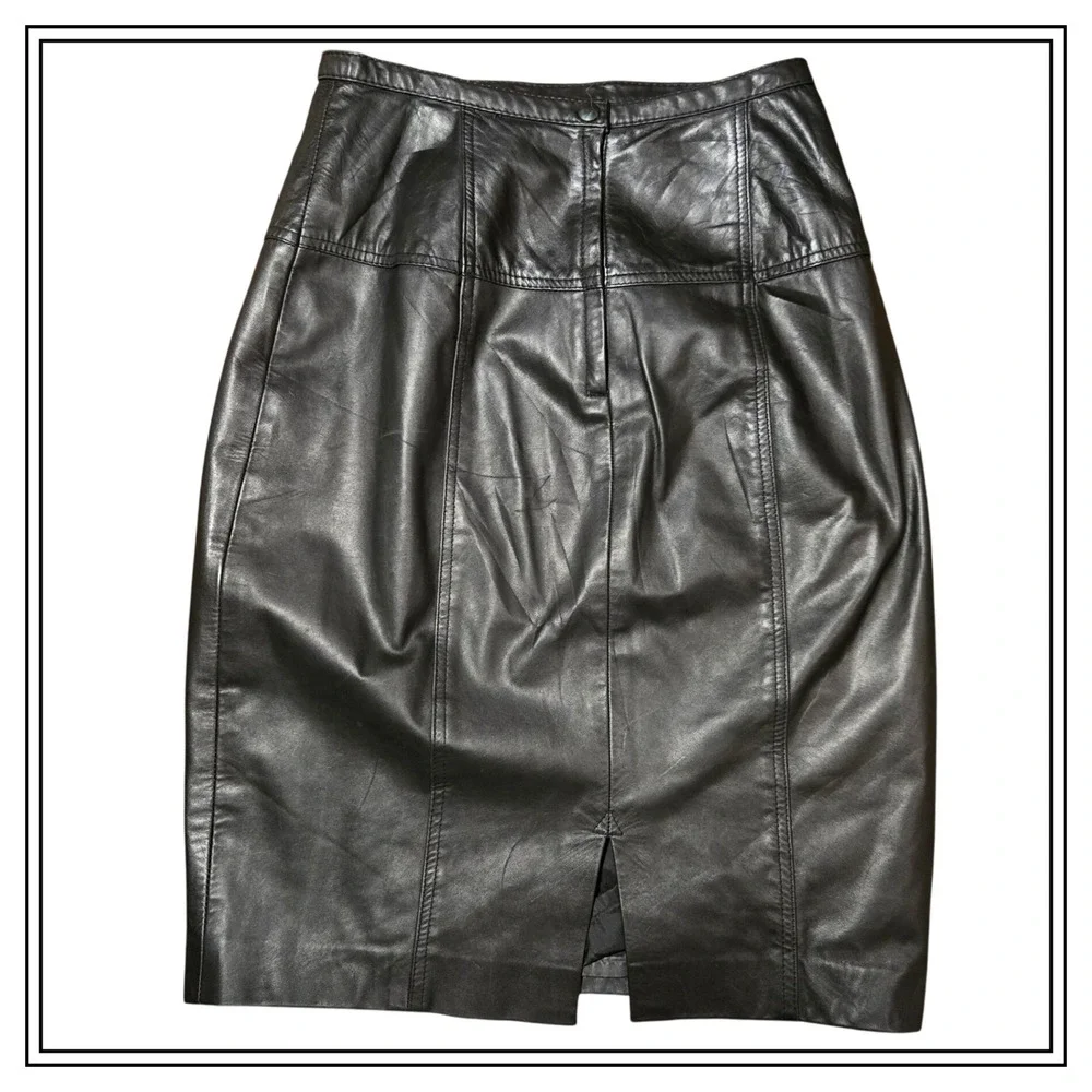 Vintage Black Leather Chaus Skirt 14x25in Chaus Size 10 Chic Made‎ In Uruguay